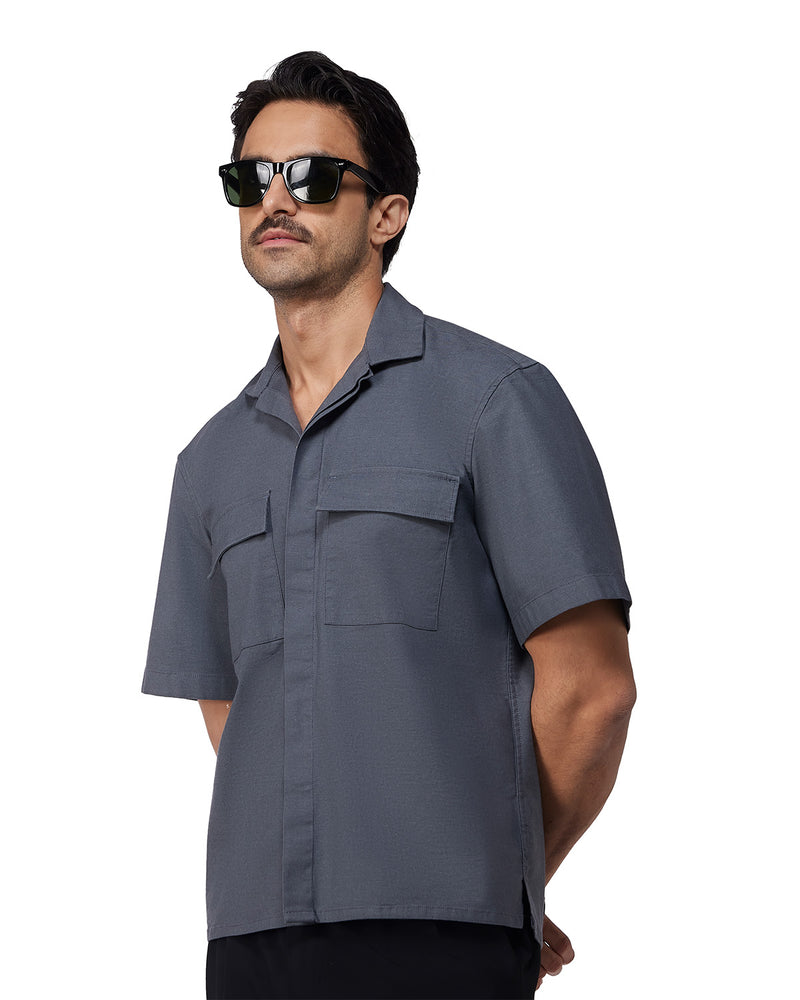 Dark Grey Half-Sleeve Stretch Denim Shirt