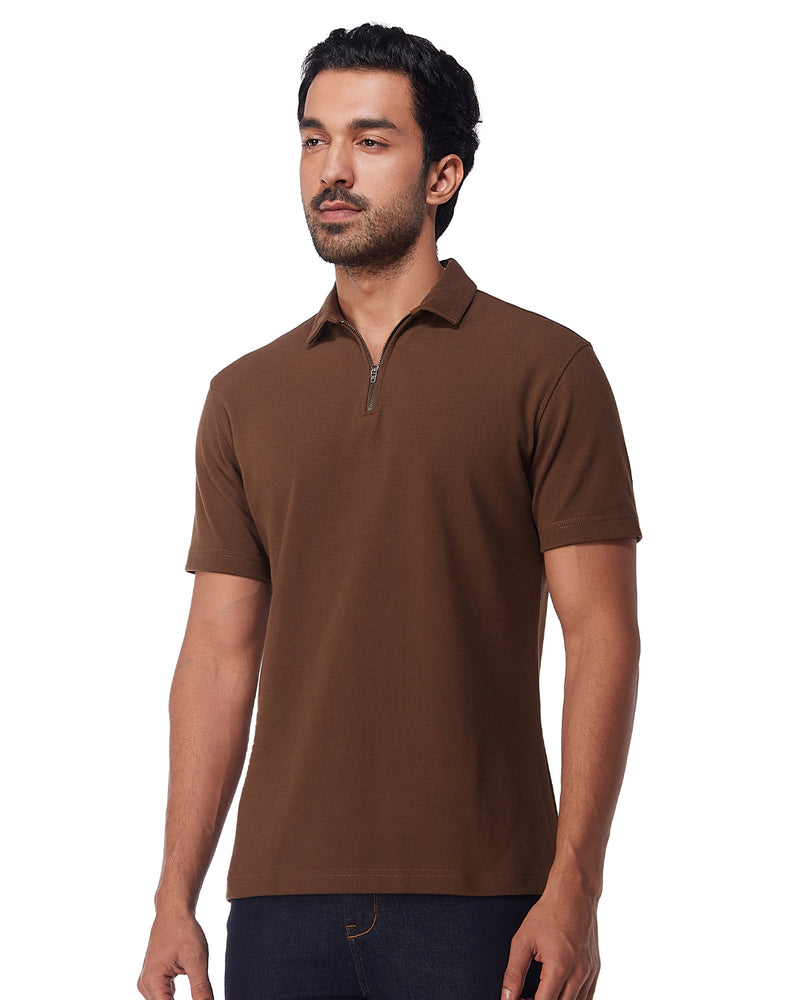 Signature Zipper Polo T-Shirt - Dark Brown
