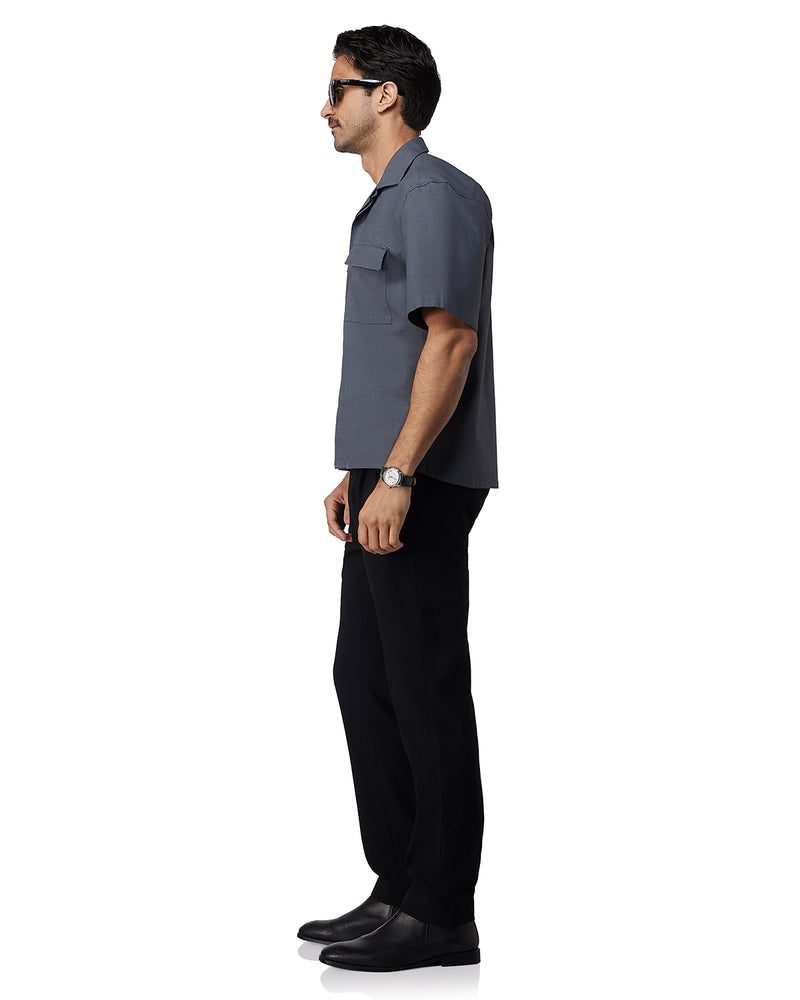 Dark Grey Half-Sleeve Stretch Denim Shirt