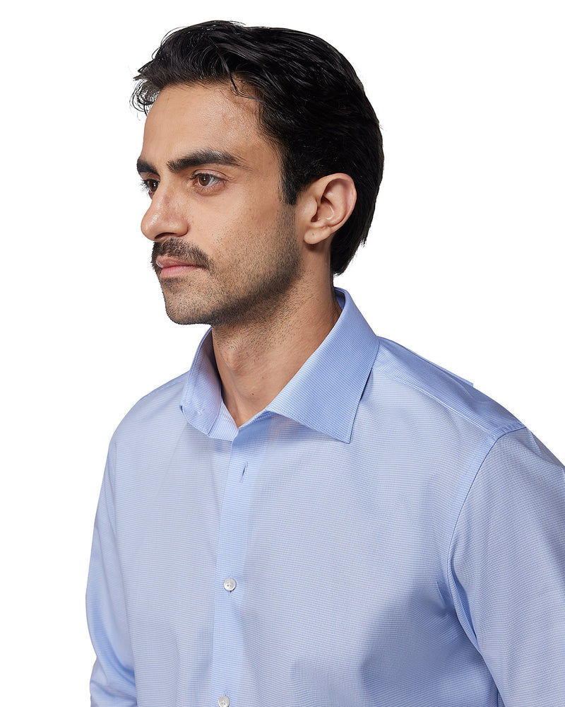 Light Blue Twill Micro-Checked Shirt