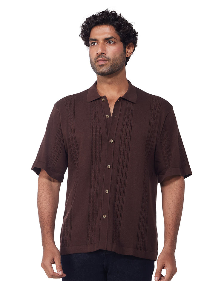 Brown Half-Sleeve Jacquard Flat Knit Shirt