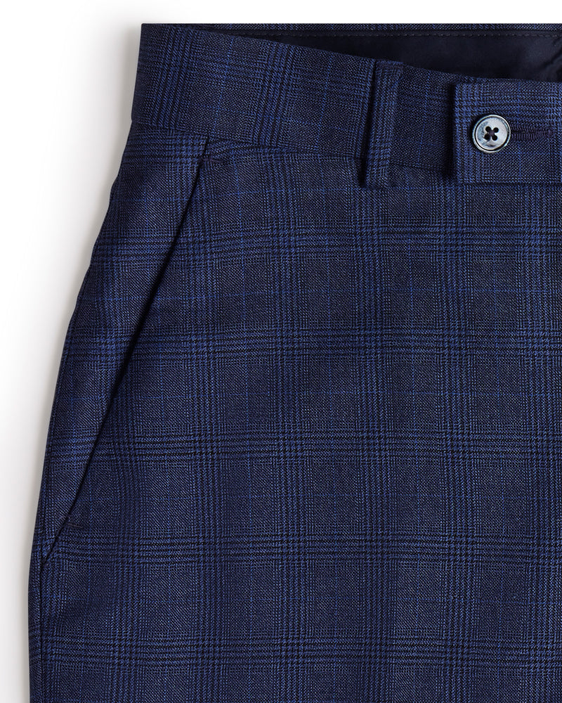 Veritas Merino Wool Glen Plaid Checked Dress Pants - Blue