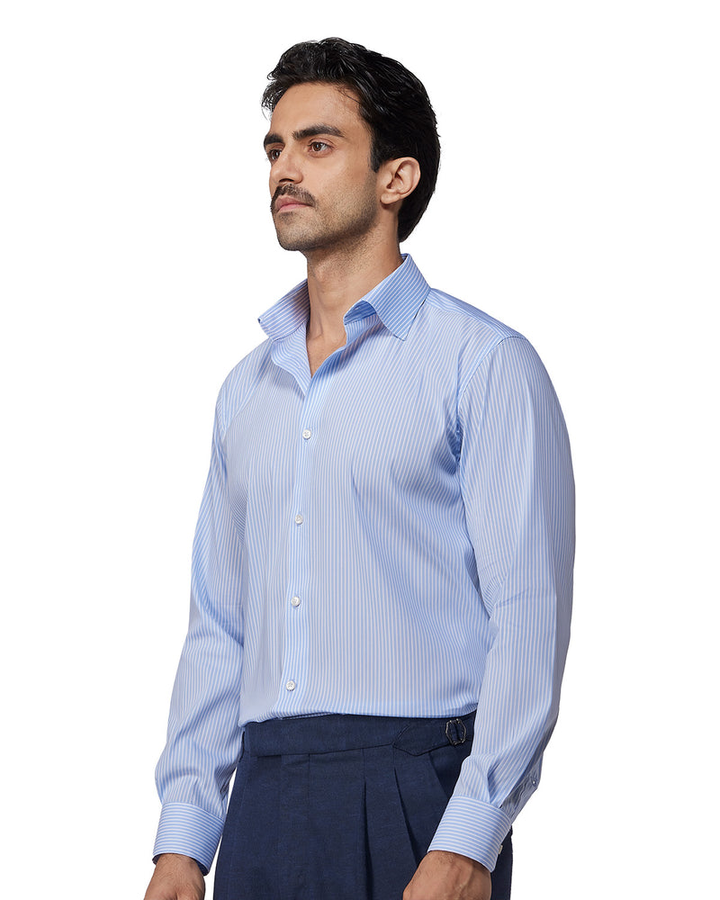 Blue & White Stretch Cotton Blended Striped Shirt