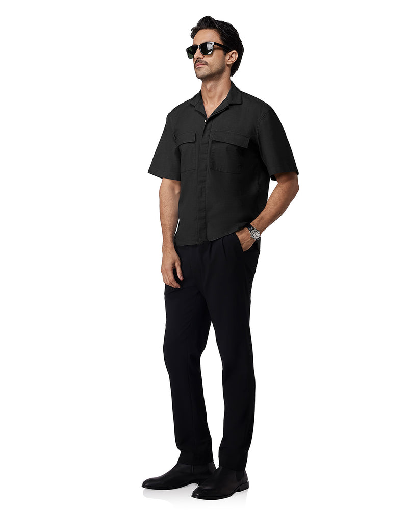 Black Half-Sleeve Vintage Washed Denim Shirt