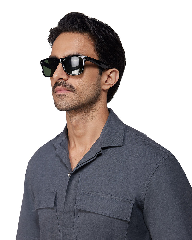 Dark Grey Half-Sleeve Stretch Denim Shirt