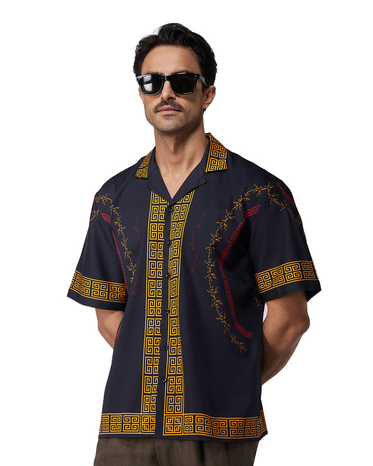 Black & Ochre Half-Sleeve Printed Shirt