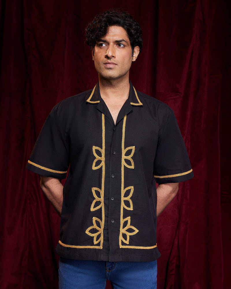 BSC x ALB | Wreath Cotton Linen Embroidered Shirt - Black