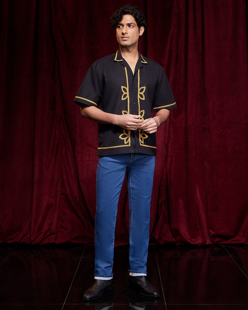 BSC x ALB | Wreath Cotton Linen Embroidered Shirt - Black