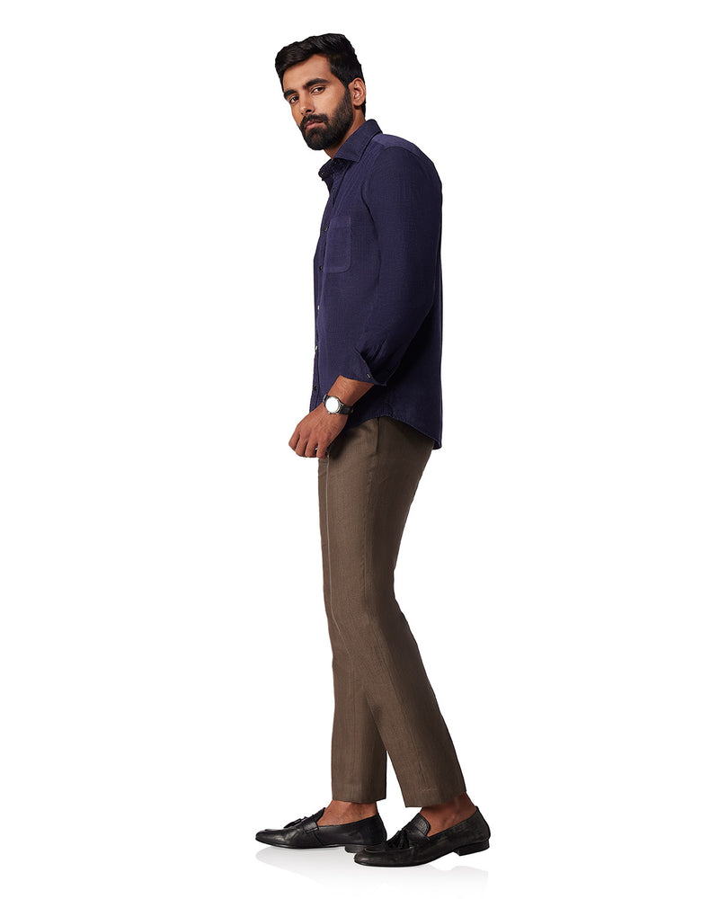 Navy Blue Cotton Blend Corduroy Shirt