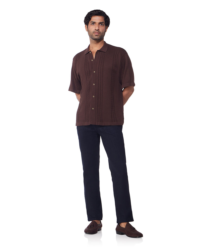 Brown Half-Sleeve Jacquard Flat Knit Shirt