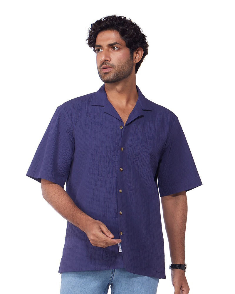Navy Blue Half-Sleeve Crinkled Shirt