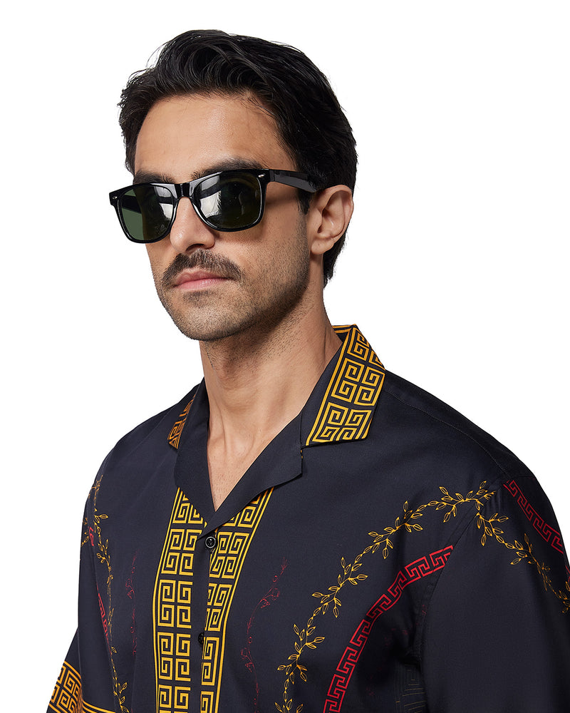 Black & Ochre Half-Sleeve Printed Shirt