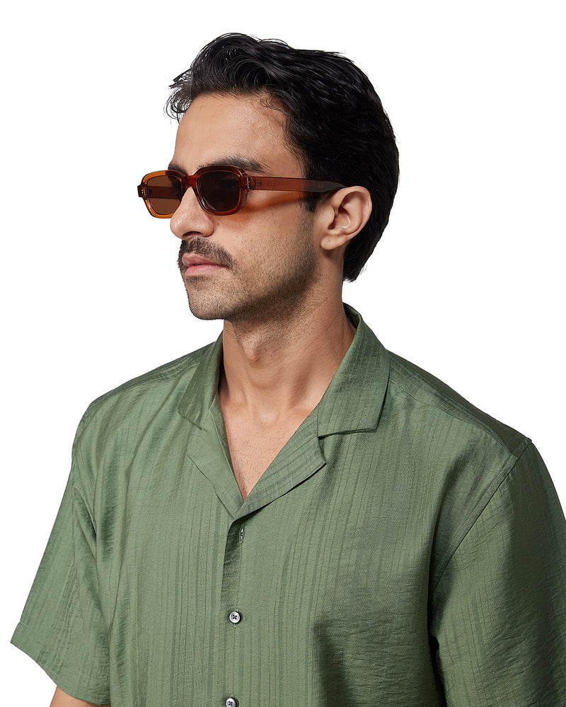 Green Half-Sleeve Self-Striped Dobby Shirt