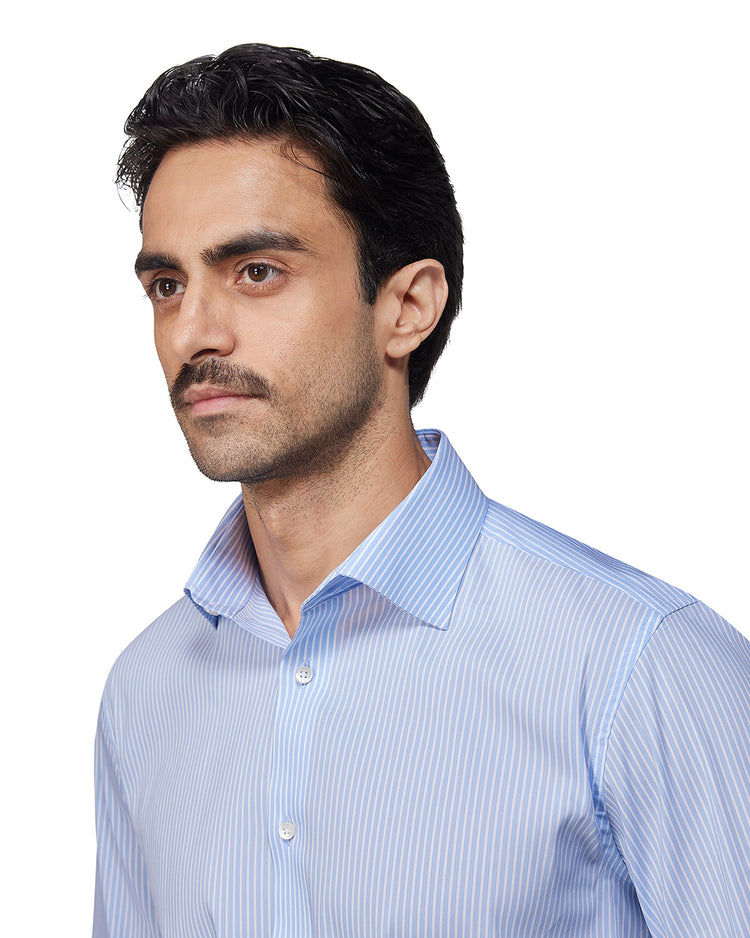 Blue & White Stretch Cotton Blended Striped Shirt