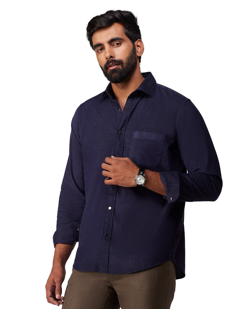 Navy Blue Cotton Blend Corduroy Shirt