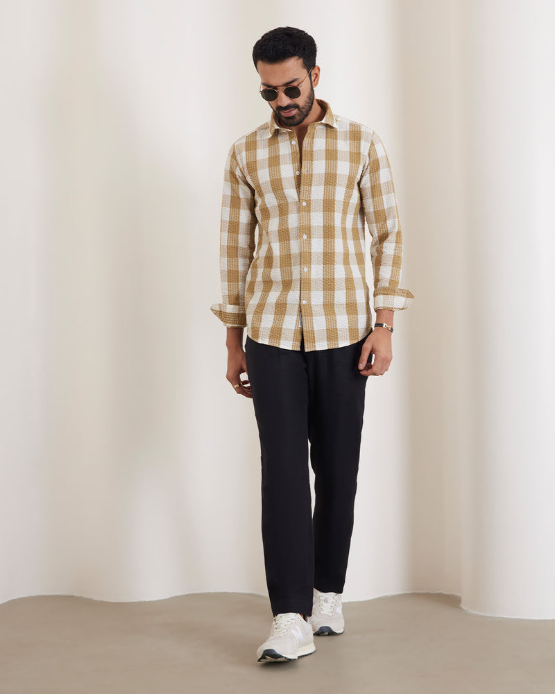 Beige Seersucker Checked Shirt