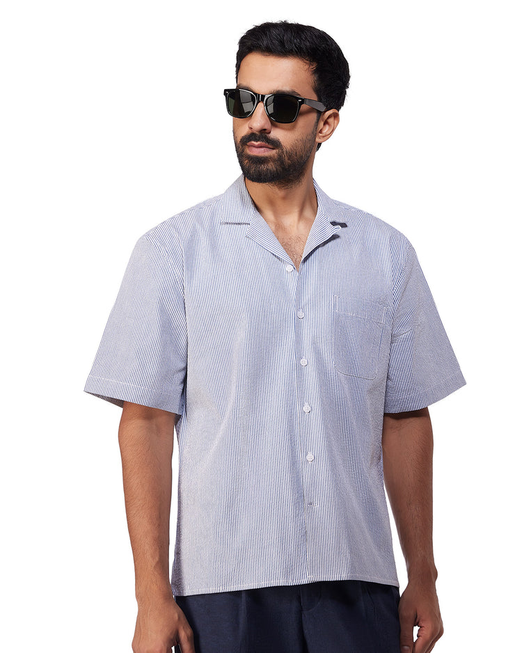 Blue Half-Sleeve Seersucker Striped Shirt