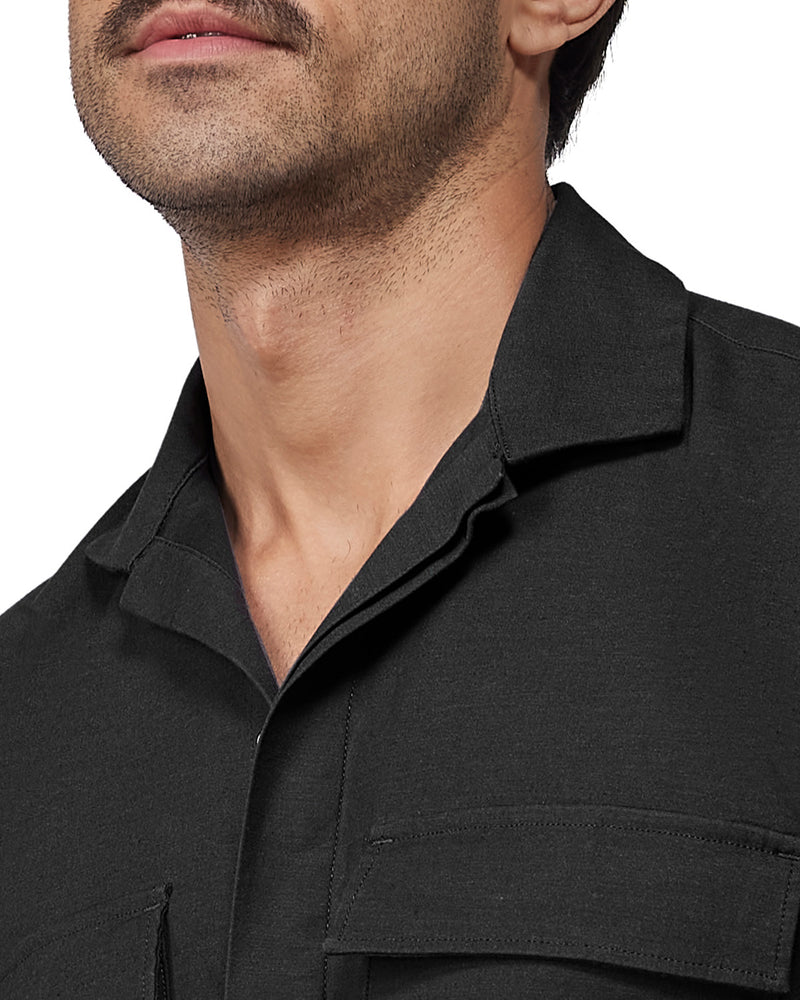 Black Half-Sleeve Vintage Washed Denim Shirt