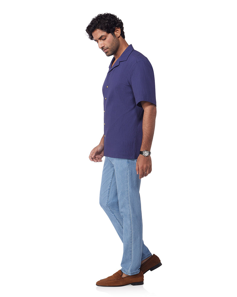 Navy Blue Half-Sleeve Crinkled Shirt