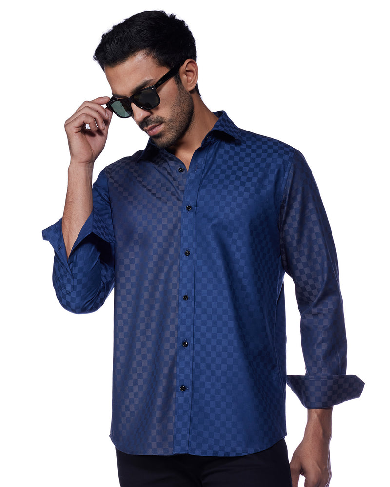 Navy Colour Blocked Dobby Shirt