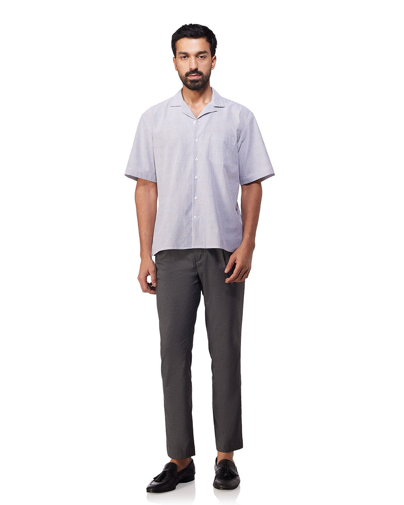 Grey Half-Sleeve Seersucker Striped Shirt