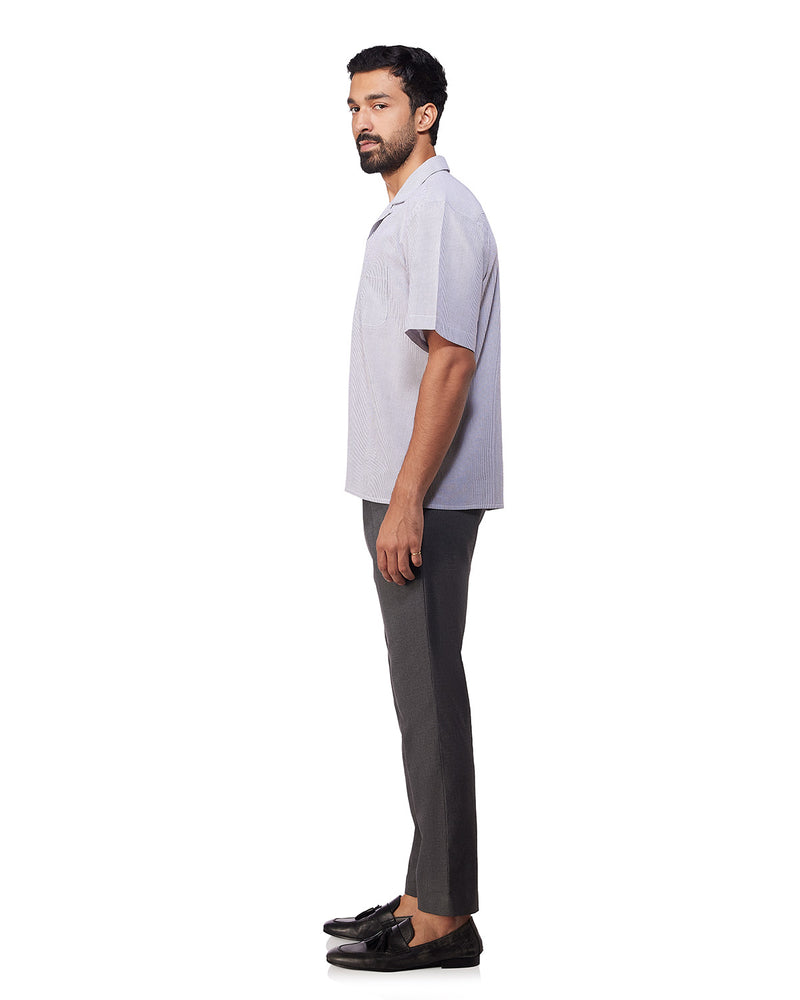 Grey Half-Sleeve Seersucker Striped Shirt