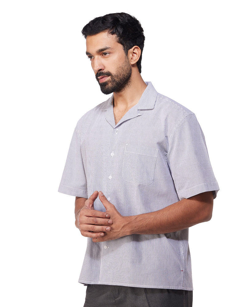 Grey Half-Sleeve Seersucker Striped Shirt