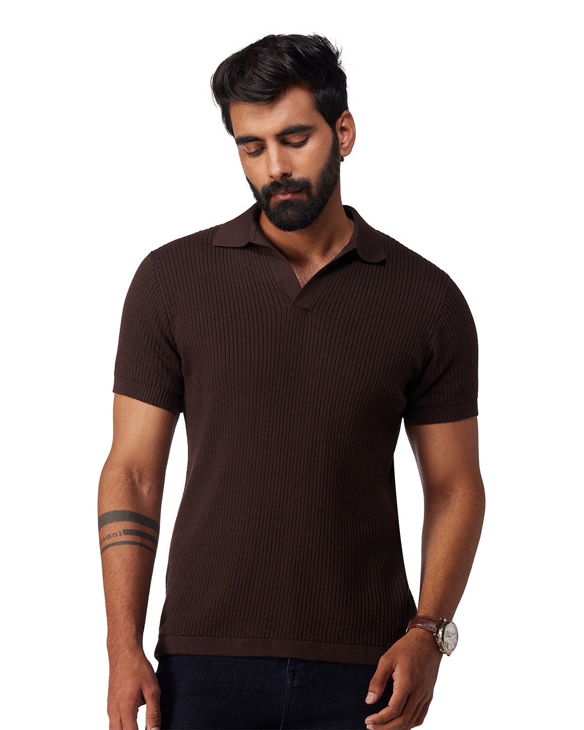 Signature Flat Knit Johnny Polo T-Shirt - Brown