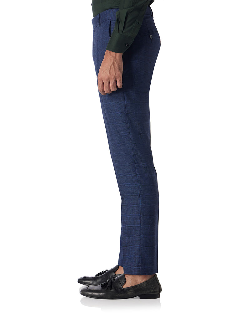 Veritas Merino Wool Glen Plaid Checked Dress Pants - Blue