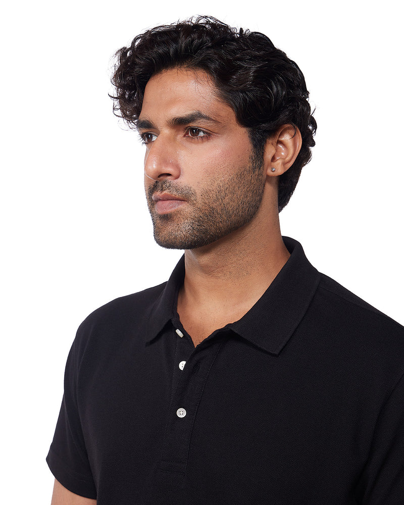 Signature Button Polo T-Shirt - Black