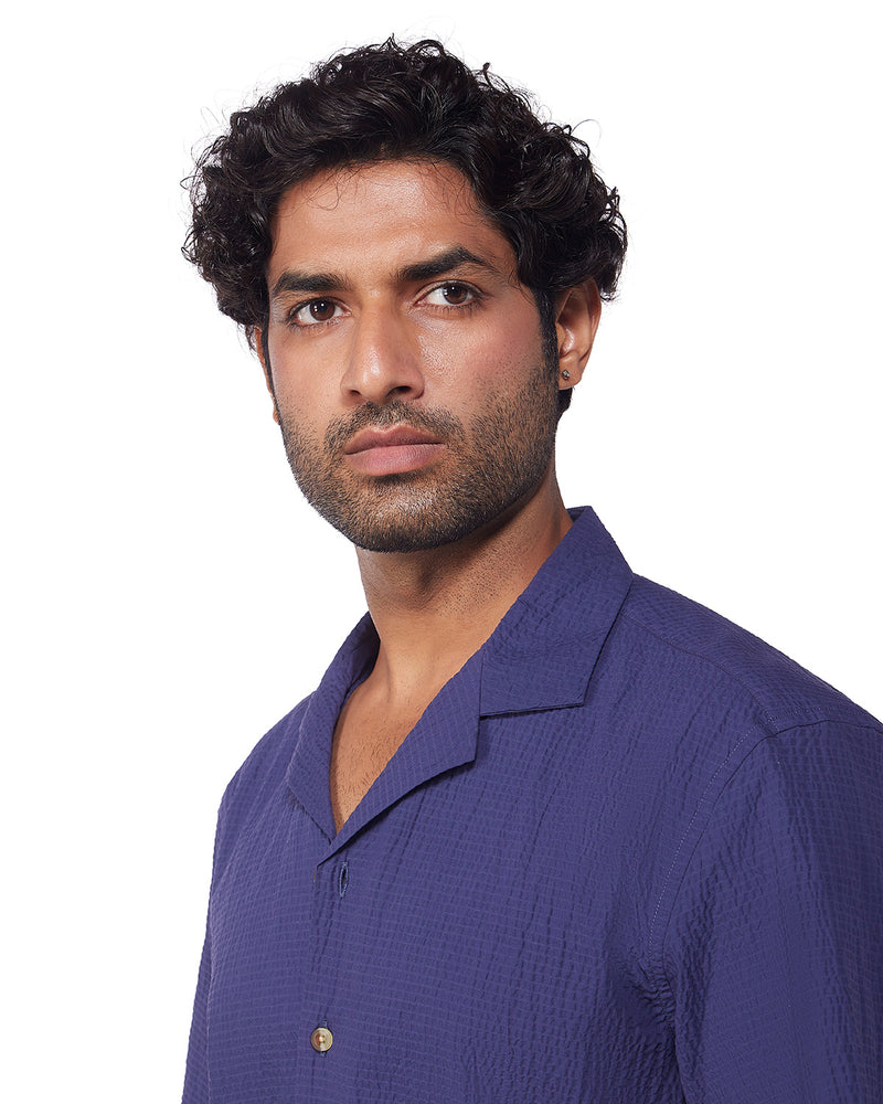 Navy Blue Half-Sleeve Crinkled Shirt