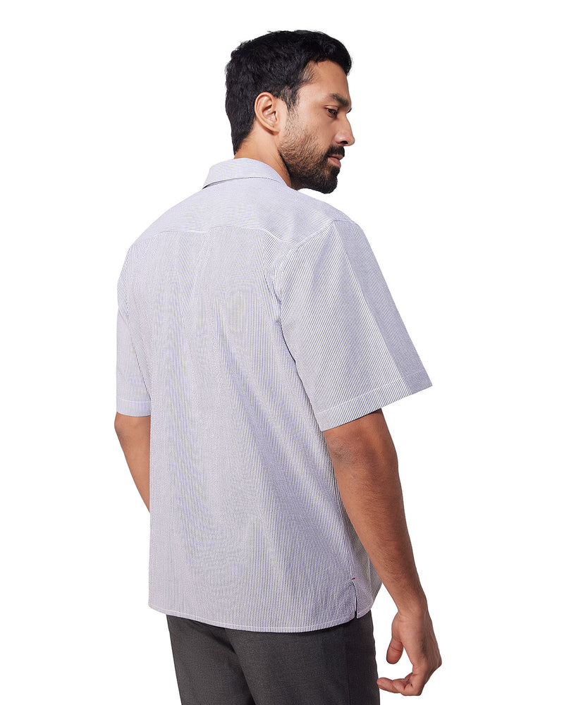 Grey Half-Sleeve Seersucker Striped Shirt