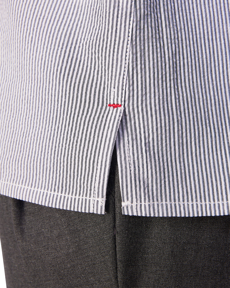Grey Half-Sleeve Seersucker Striped Shirt