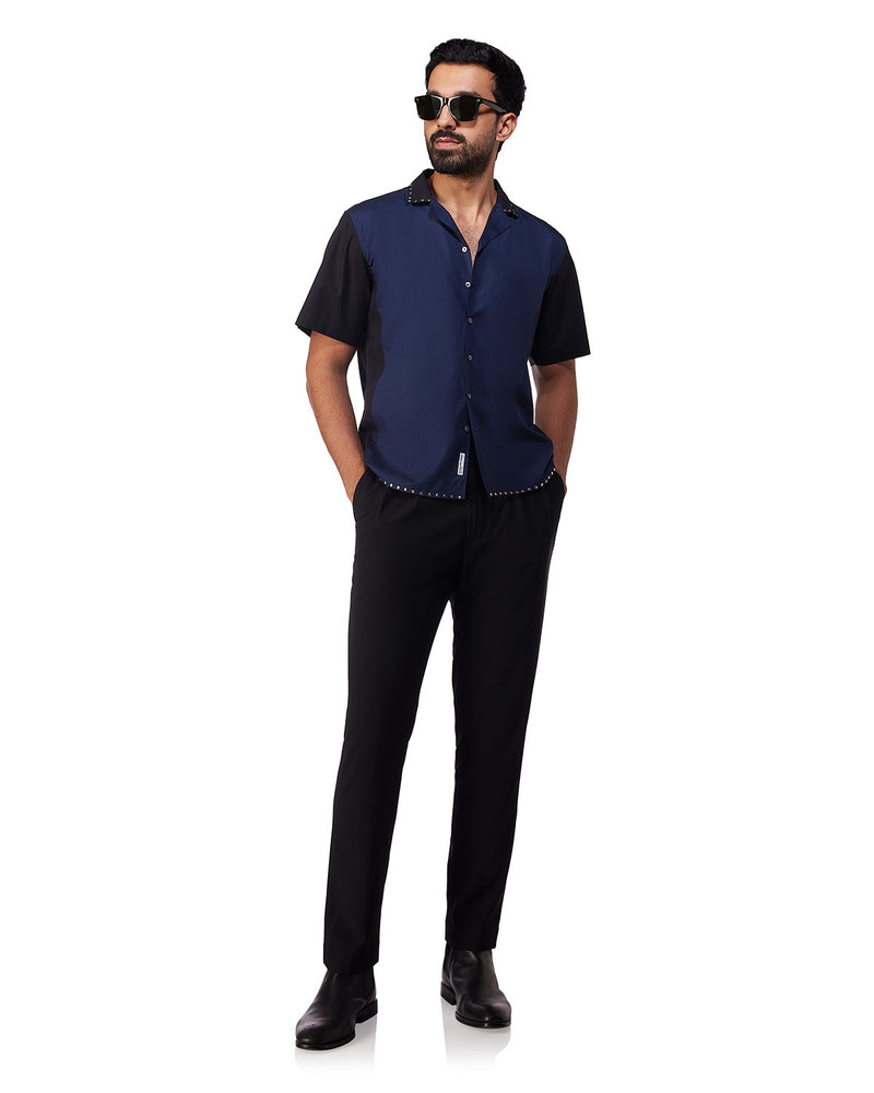 Navy & Black Studded Half-Sleeve Poplin Shirt
