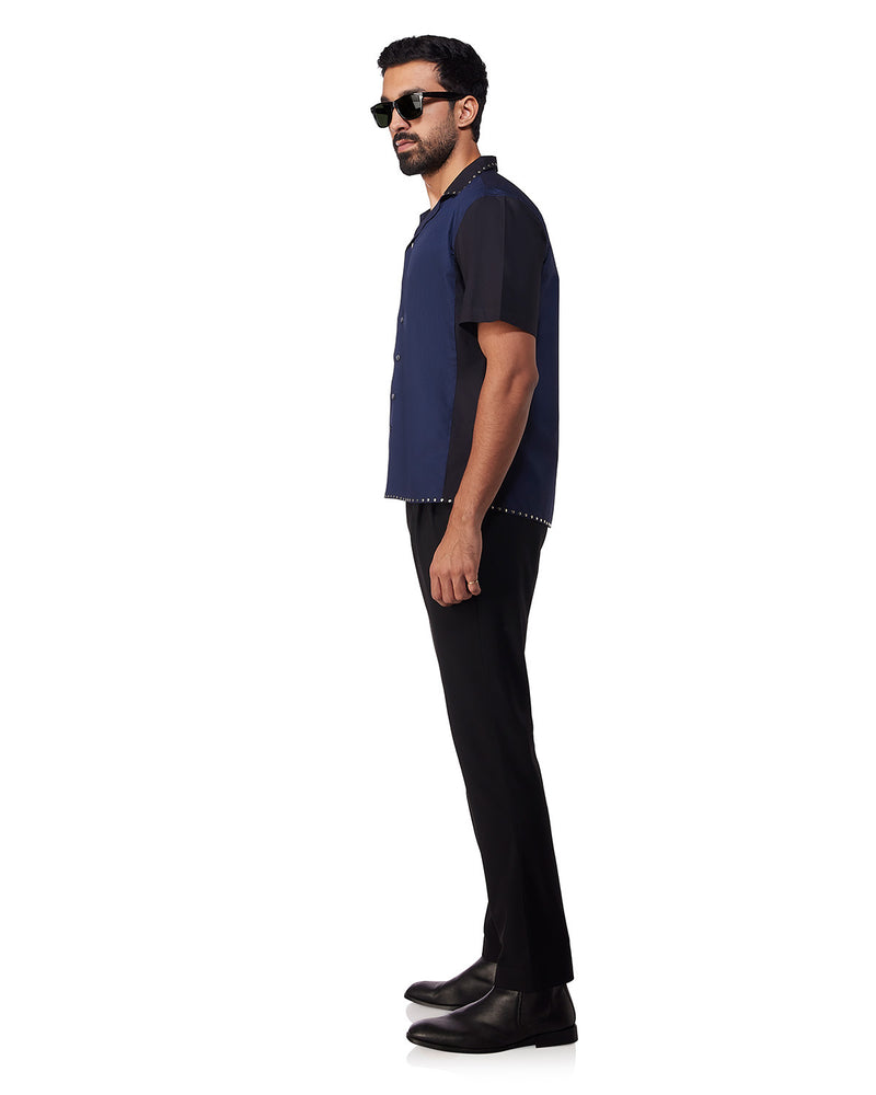 Navy & Black Studded Half-Sleeve Poplin Shirt