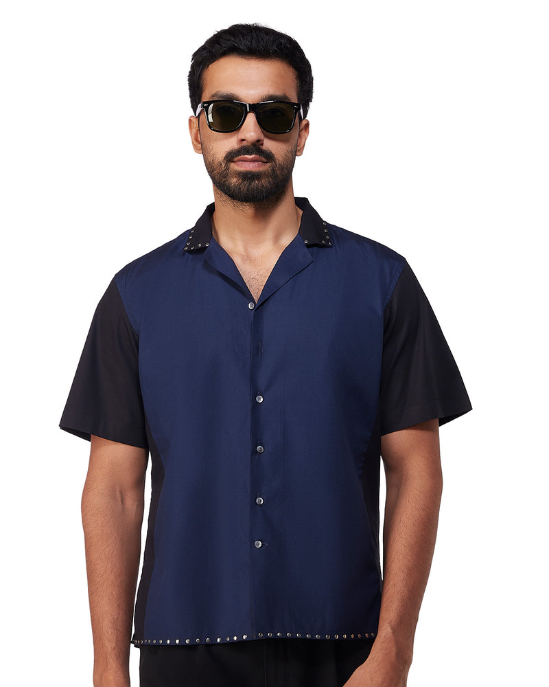 Navy & Black Studded Half-Sleeve Poplin Shirt