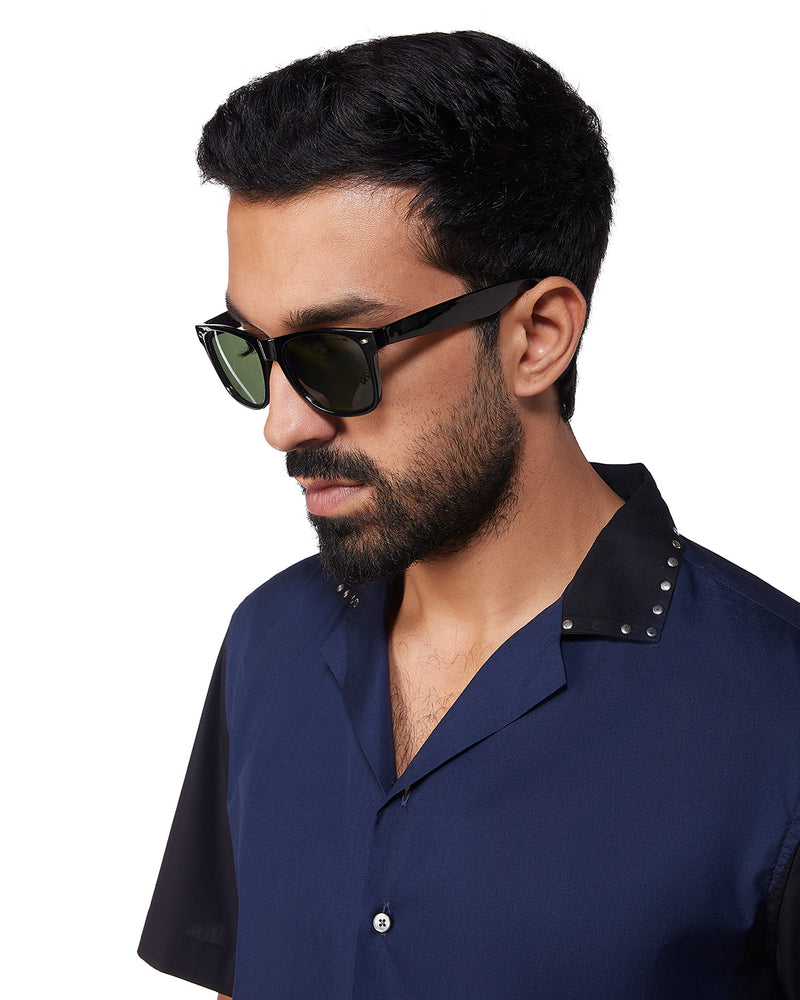 Navy & Black Studded Half-Sleeve Poplin Shirt