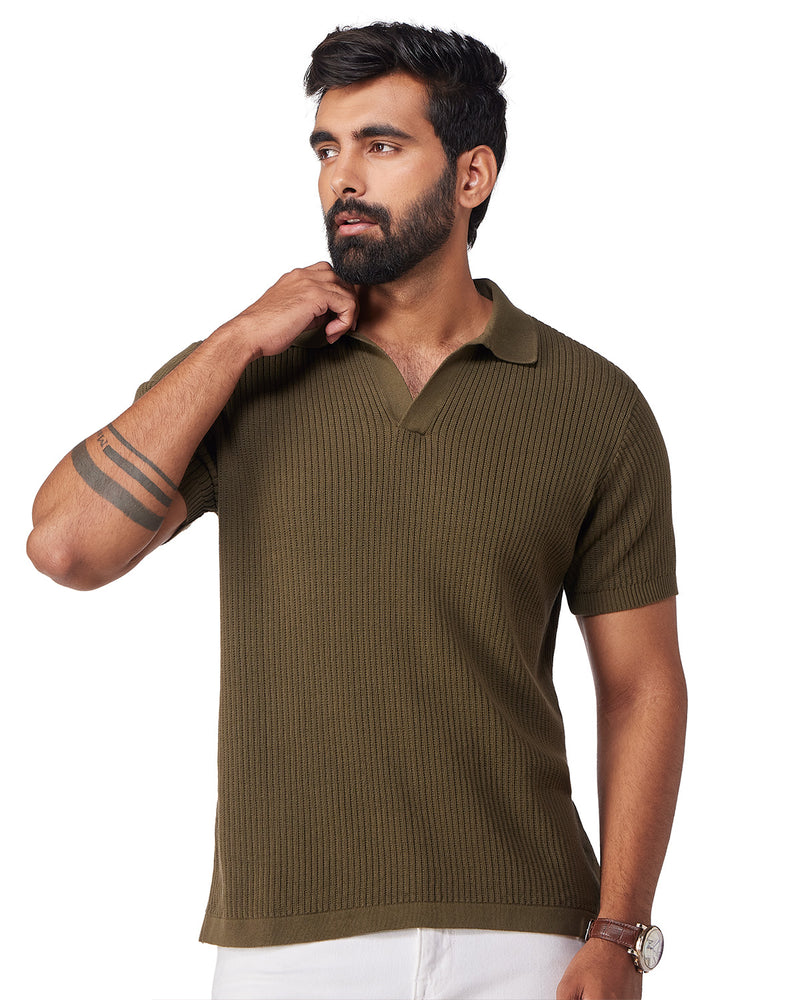 Signature Flat Knit Johnny Polo T-Shirt - Olive