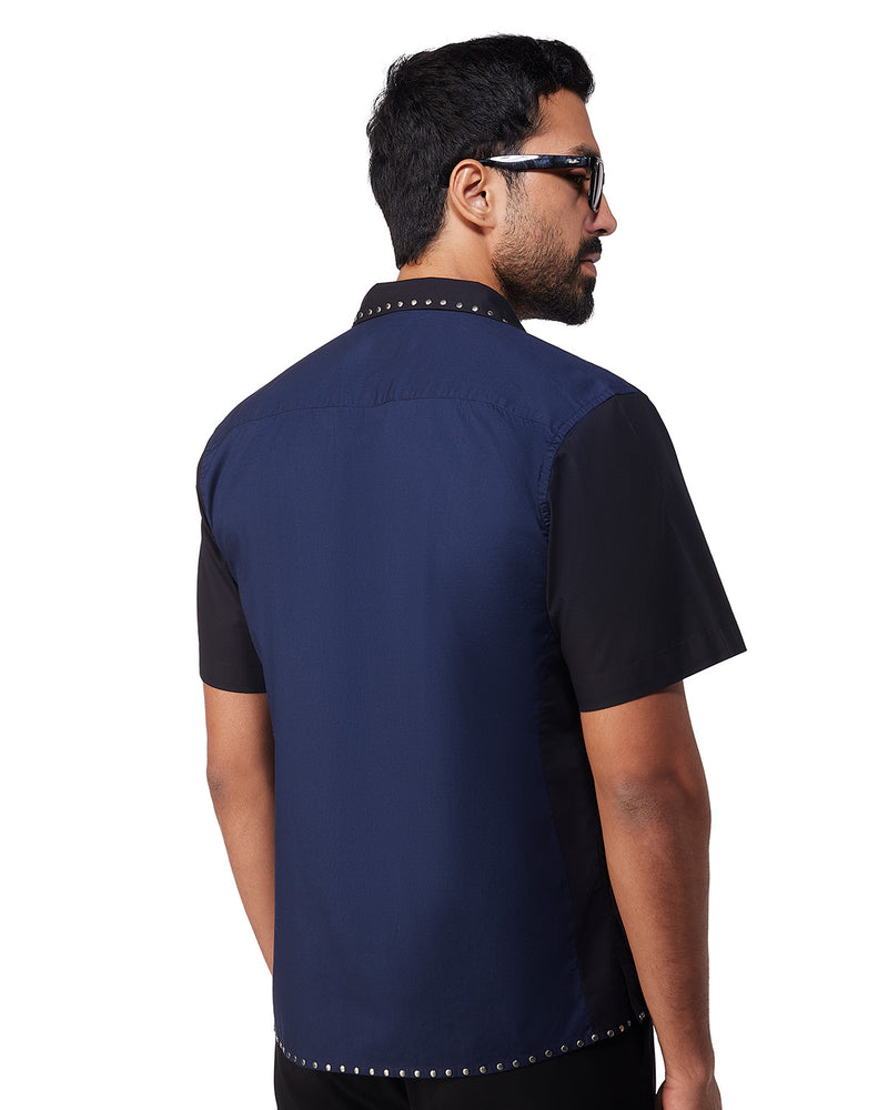 Navy & Black Studded Half-Sleeve Poplin Shirt