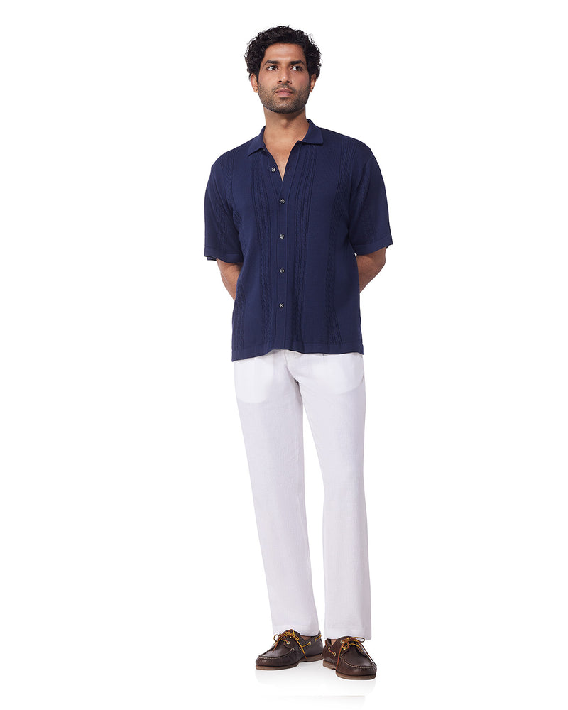 Blue Half-Sleeve Jacquard Flat Knit Shirt