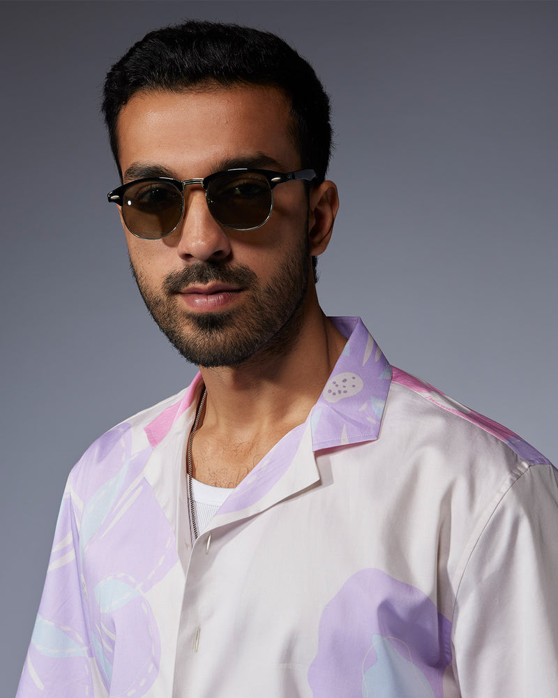 Lilac & Ecru Half-Sleeve Floral Printed Shirt