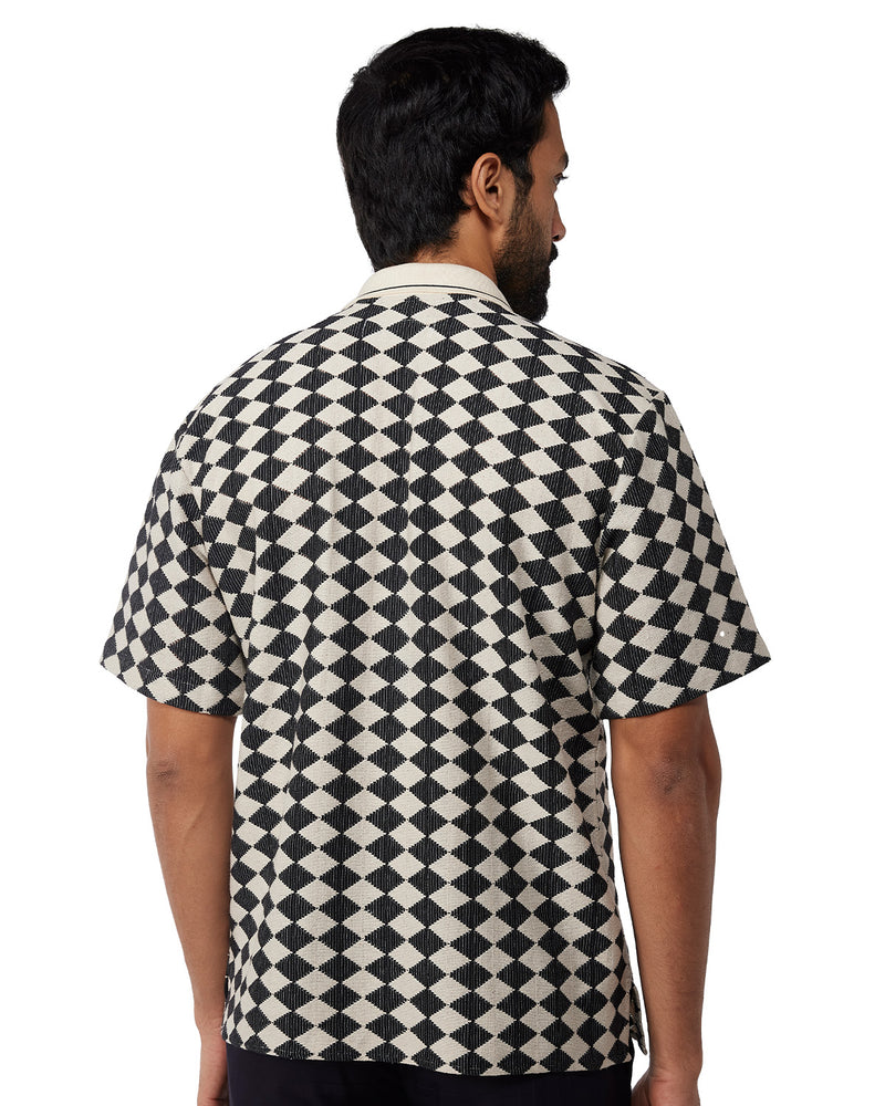 Black & Ecru Half-Sleeve Diamond Crochet Shirt
