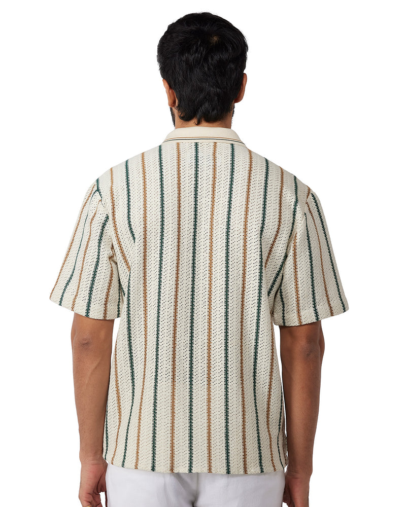 Beige & Green Half-Sleeve Crochet Striped Shirt