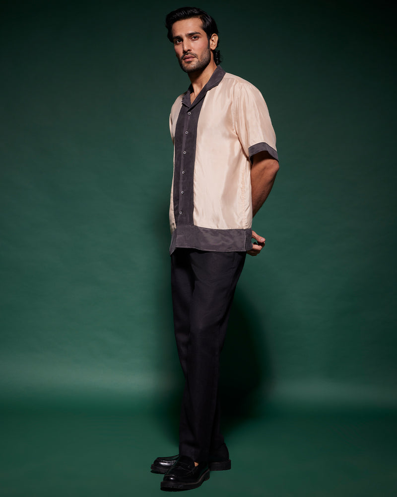 Beige & Grey Half-Sleeve Cupro Shirt