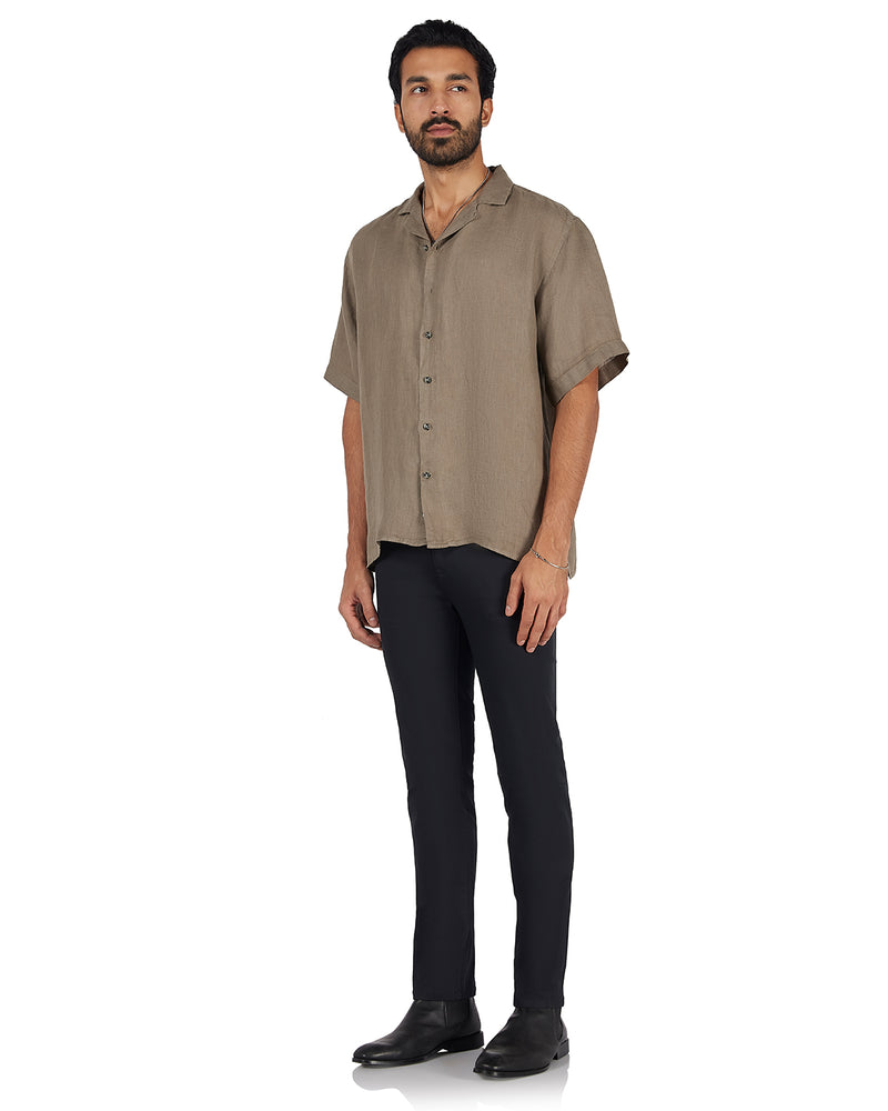 Olive Washed 100% Linen Twill Shirt