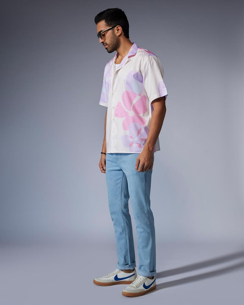 Lilac & Ecru Half-Sleeve Floral Printed Shirt