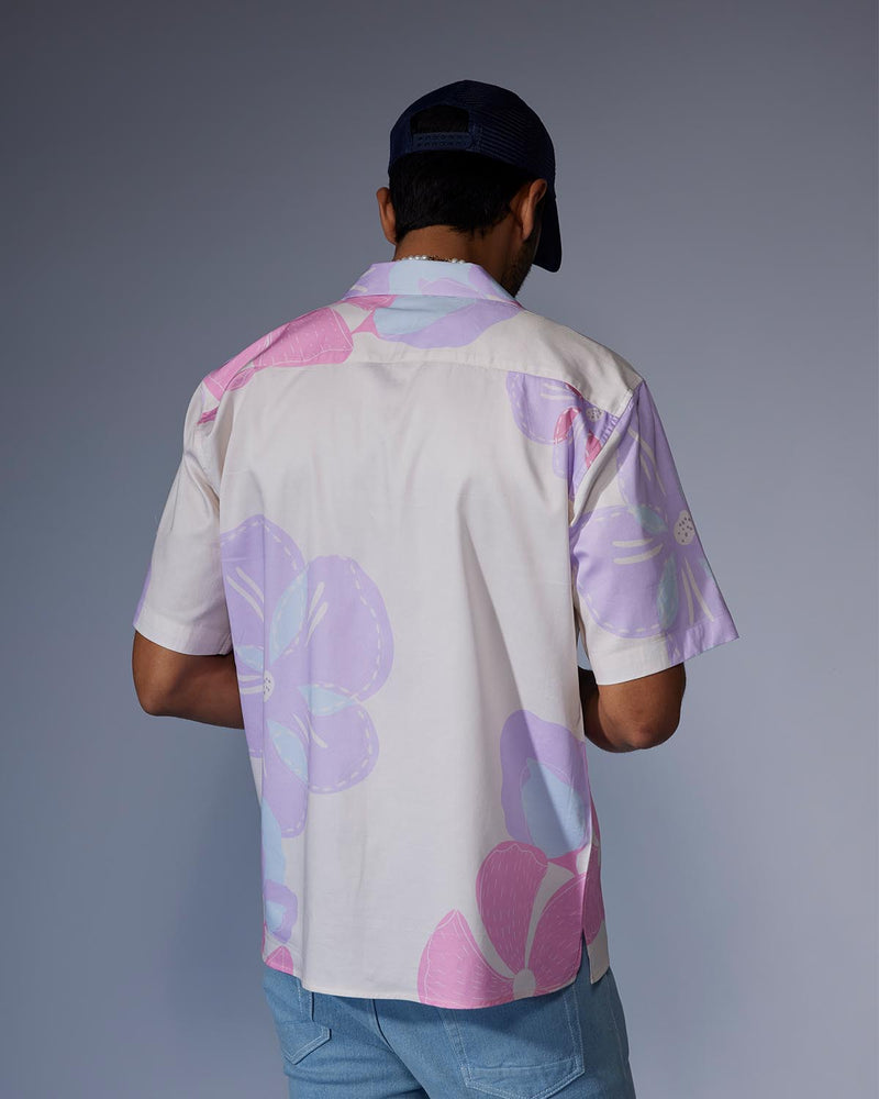 Lilac & Ecru Half-Sleeve Floral Printed Shirt
