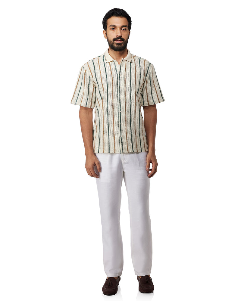 Beige & Green Half-Sleeve Crochet Striped Shirt