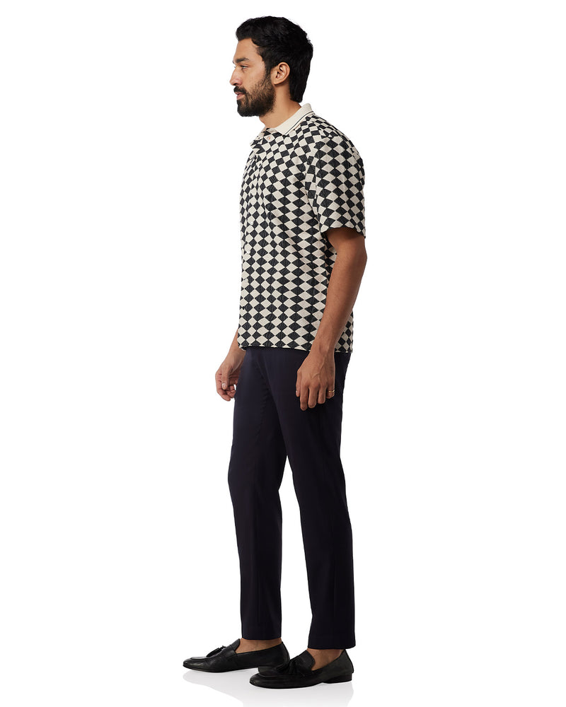 Black & Ecru Half-Sleeve Diamond Crochet Shirt