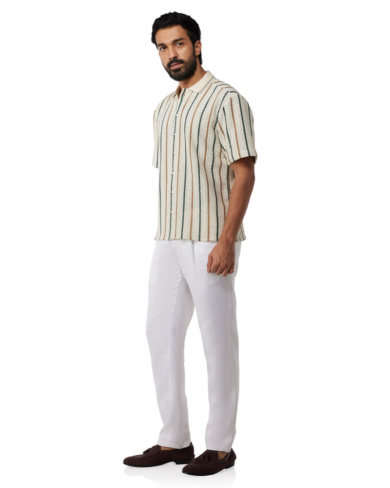Beige & Green Half-Sleeve Crochet Striped Shirt
